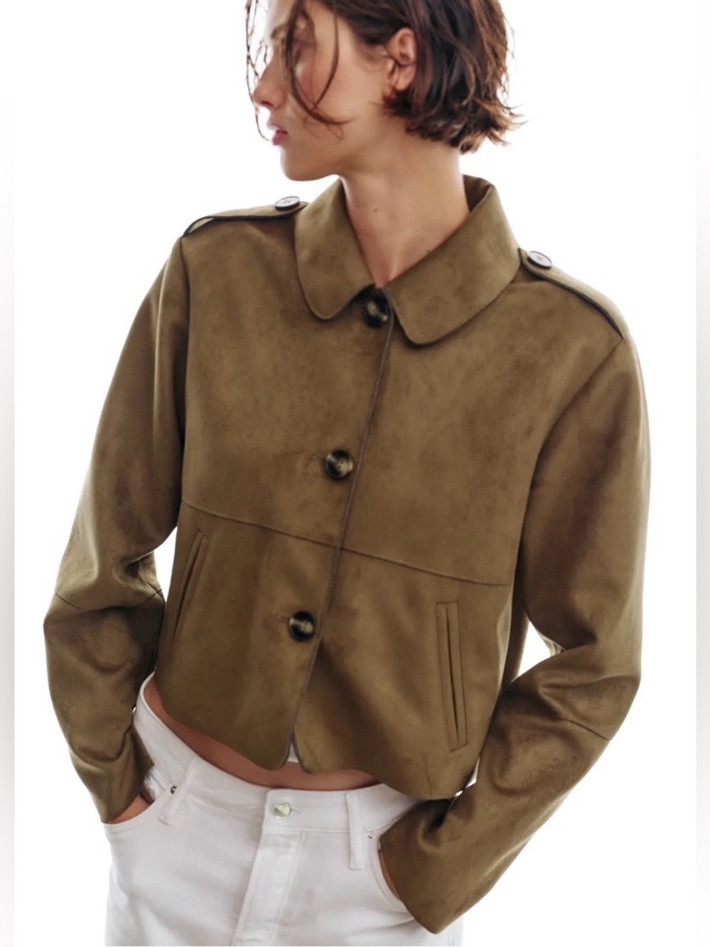 Zara NWT Brown Faux Suede Cropped Utility Jacket with Epaulettes